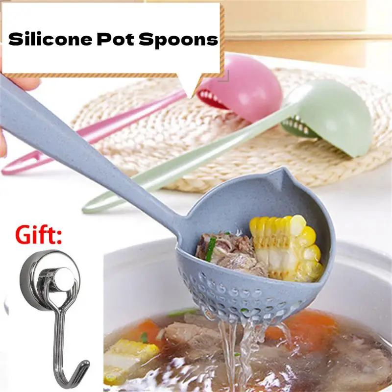 

Silicone Pot Spoons Soup Spoon Ladle With Long Handle Wheat Straw 2in1 Filter Tableware Dual-use Spoon Kitchen Accessories