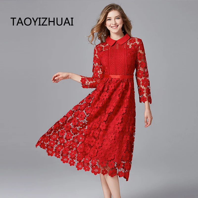 Brand Lapel Lace Dress Plus Size Autumn Dress New Water-soluble Heavy Industry Swing A-Line Oversized Dress Red Festive Dresses