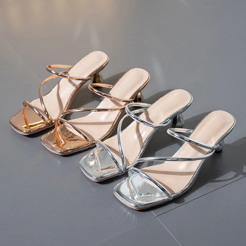 

Silver Gold Slippers Women Strange High Heel Thin Band Sexy Sandals Nightclub Shoes 2022 Summer Ladies Pumps zapatillas de mujer