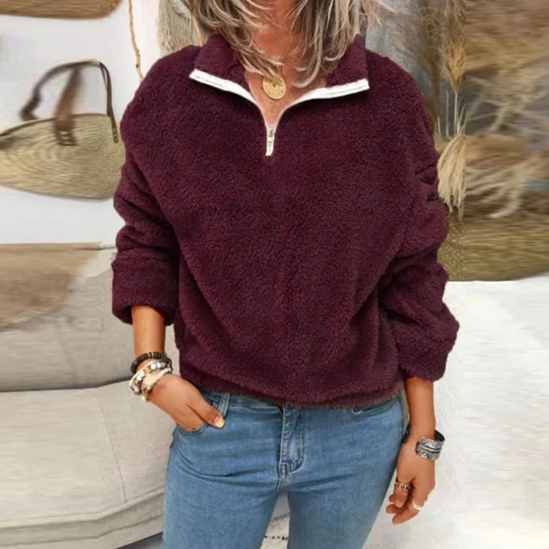 

Женские двойные пушистые свитшоты в стиле ретро, элегантная верхняя одежда с длинным рукавом и отворотом на молнии, топы, Повседневная Женс...