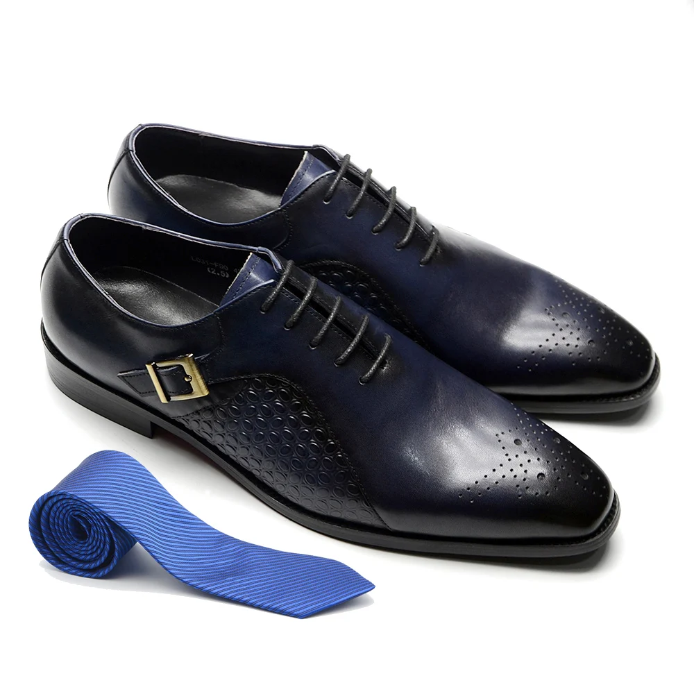

XEBOS Stylish Lace-Up High Quality Cow Leather Men Evening Dress Shoes with Buckle Pointed Toe Madallion Oxfords Business Office