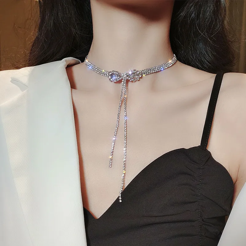 

2022 new flash bow necklace temperament choker sexy long fringed clavicle chain choker neck short chain