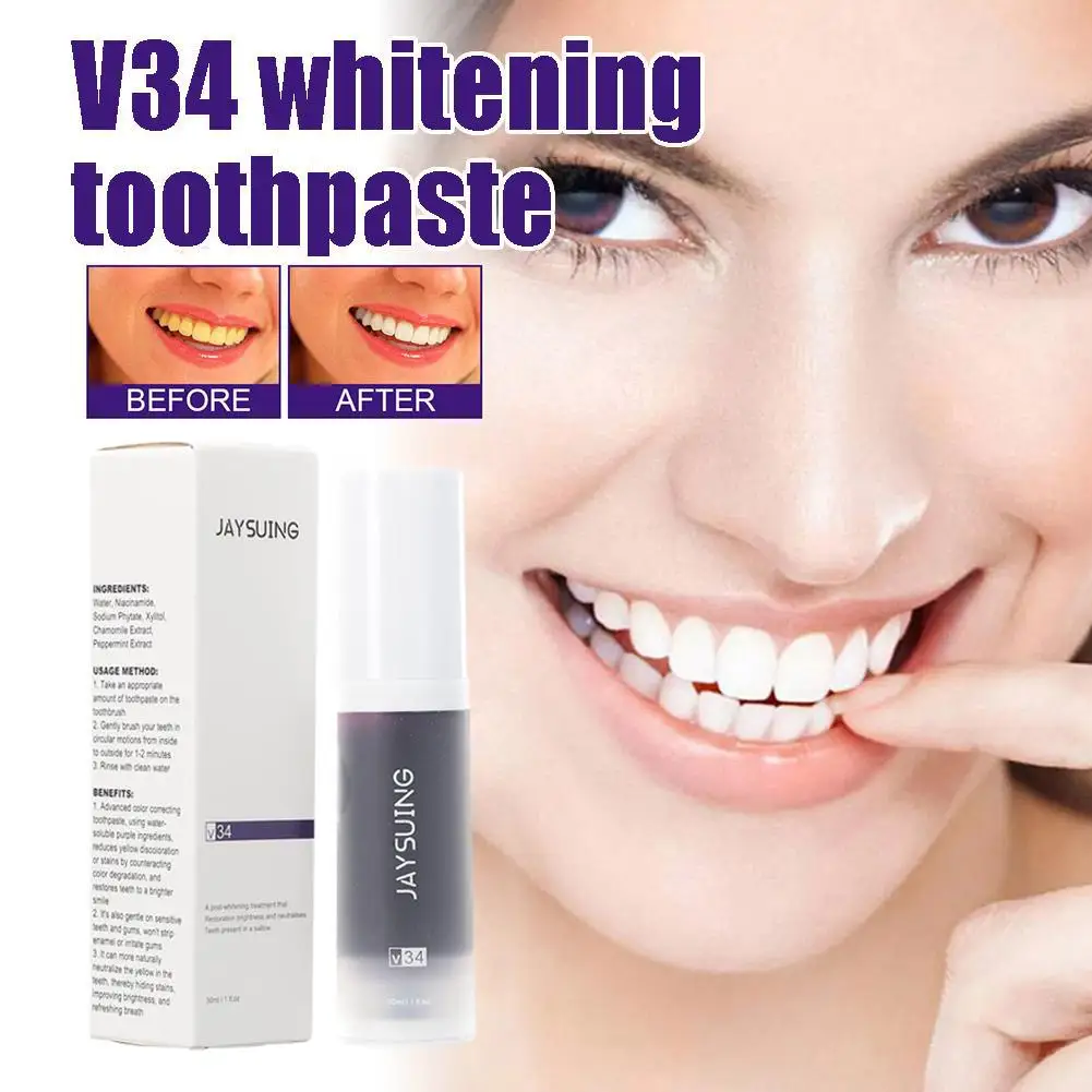 

Отбеливающая зубная паста V34, фиолетовая зубная паста, чистящее средство для зубов, мусс для ухода за зубами 30 мл, гелевая зубная паста для глубоких зубов E5I2