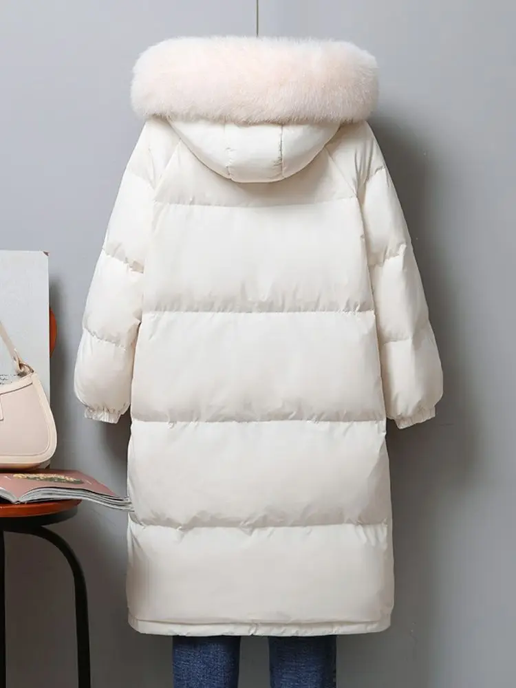 Women Long Down Jacket New Casual Style Fox Fur Collar White Duck Down Jackets Autumn Winter Coats And Parkas Female Outwear