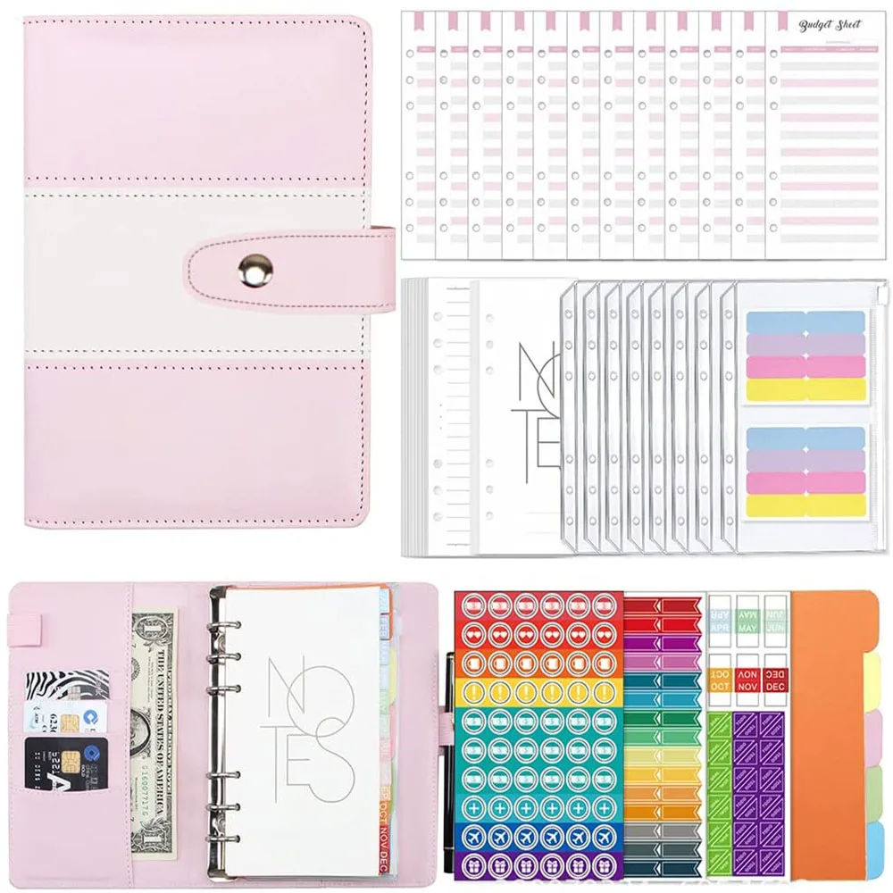 

A6 PU Leather Notebook Budget Binder,Refillable 6 Ring Money Saving Loose Leaf Bag Cash EnvelopeS for Planner Personal Organizer