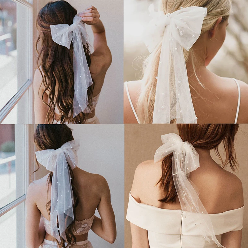 

Long Ribbon Women Ponytail Scrunchies Pearl Girls Mesh Streamer Bows Hairpins Silky Satin Hair Rope Braiding Hair Accessories