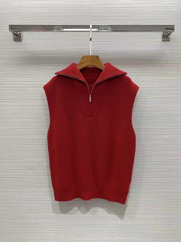 

2022 new women fashion sleeveless sexy lapel zipper decorative neckline solid color knitted vest 1116