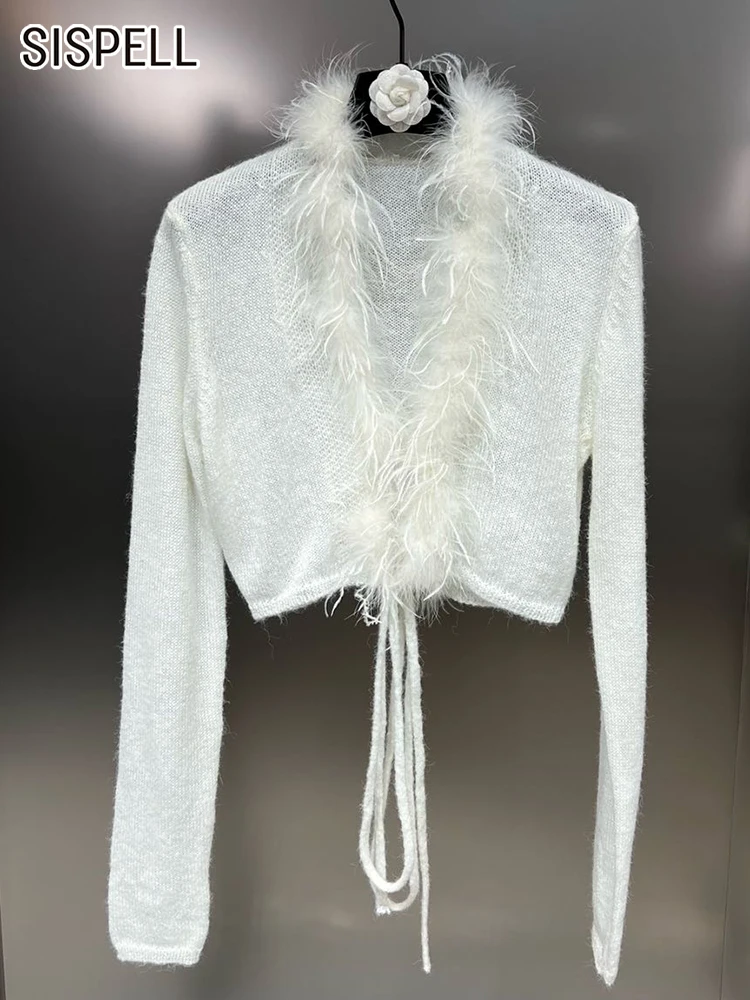

SISPELL Patchwork Feather Sweater For Women V Neck Long Sleeve Knitting Minimalist Sweaters Female Autumn Clothing Fashion 2022