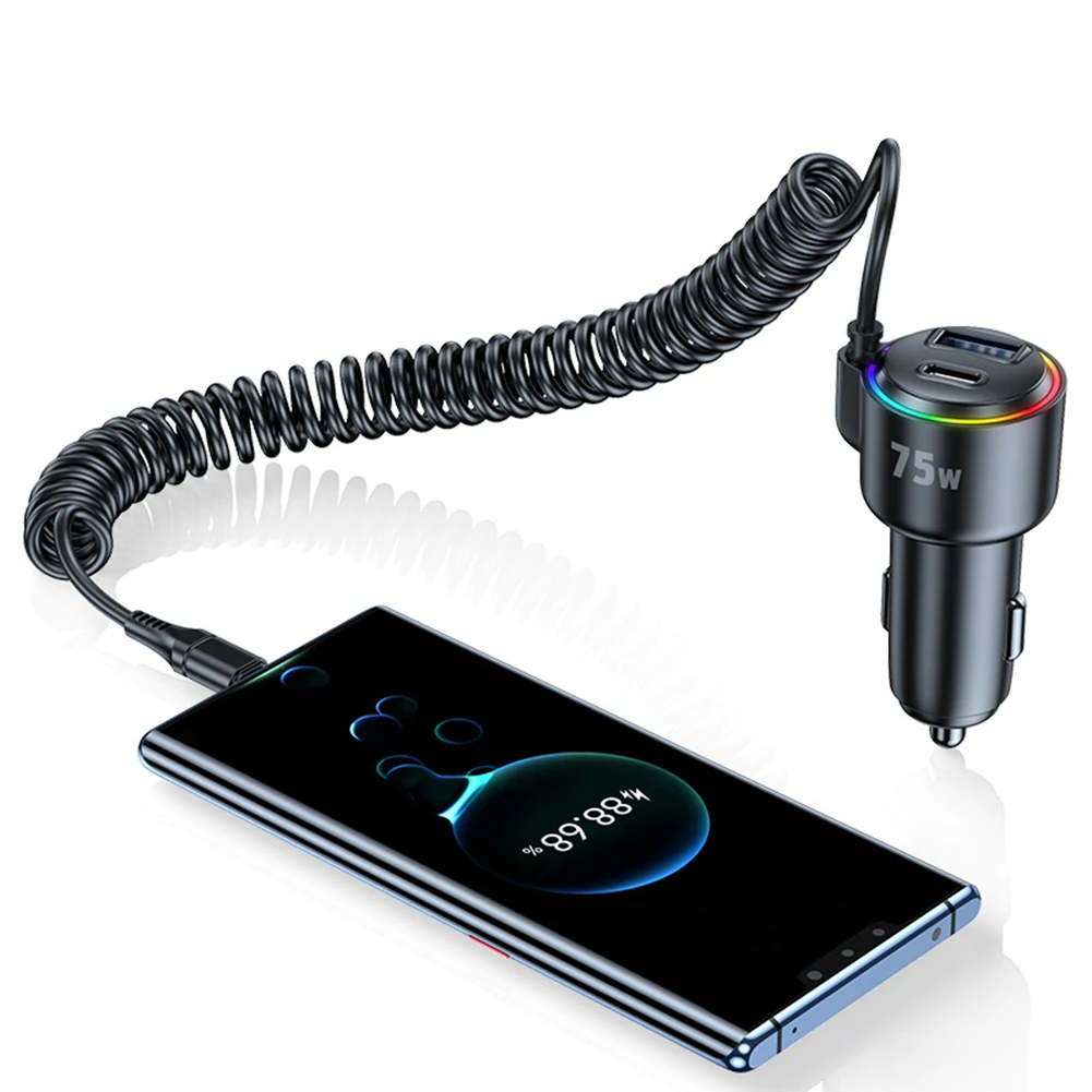 Автомобильное зарядное устройство USB C мощностью 75 Вт с быстрой зарядкой PD 45 Вт для QC3 0 и спиральным кабелем поддерживает несколько устройств для зарядки автомобилей и грузовиков (art.: 3920d2e27bd19) - 3920d2e27bd19