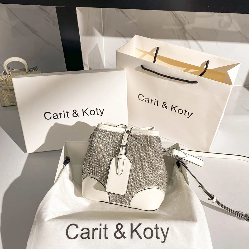 

Bling Rhinestones Diamond Leather Bucket Bag New Fashion Women Handbag Lady Clutch Purse Shoulder Crossbody Bag Messenger Bag