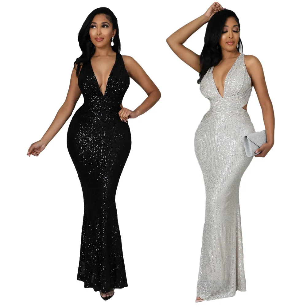 Women Bodycon Sequined Prom Evening Dress Deep V-neck Sleeveless Backless Party Dress Sexy Slim Waist Mermaid Formal Dresses