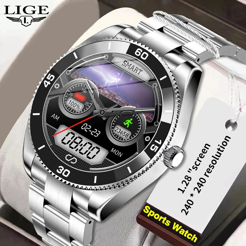 

LIGE HD Full Touch Smart Watches Sports Fitness Tracker Bracelet IP67 Waterproof Smart Wristband Heart Rate ECG Men's Smartwatch