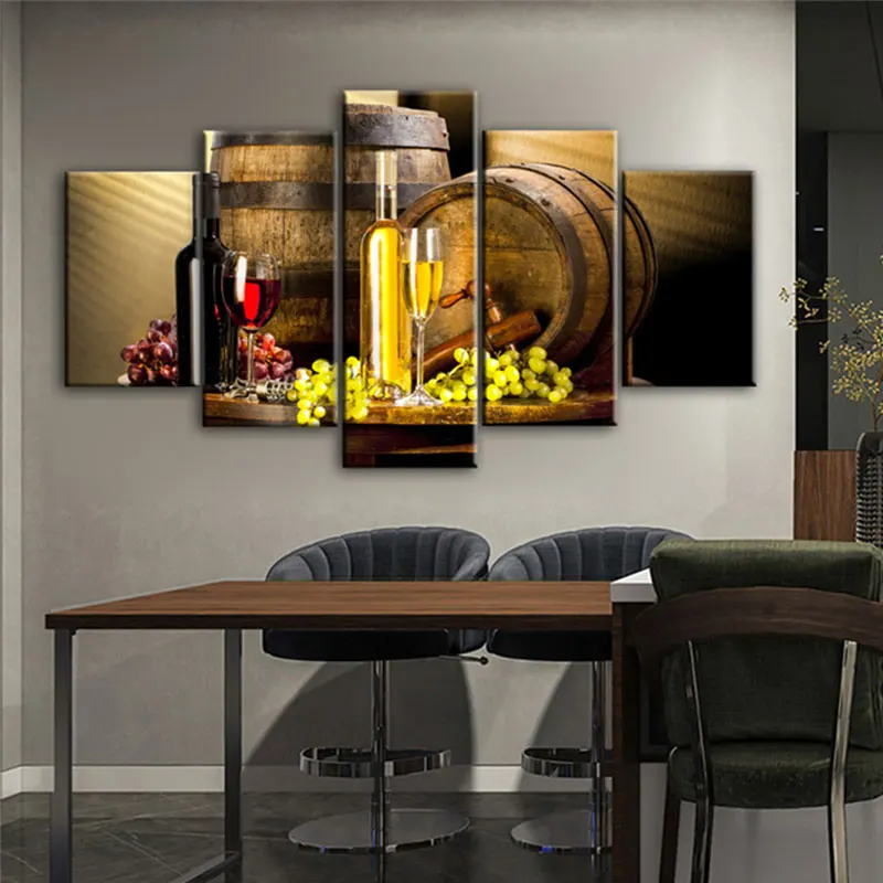 

Wine Barrel Brew Posters And Prints Red Yellow Grape Wine Canvas Painting Living Room Bars 5 Panels Home Decor Wall Art Pictures