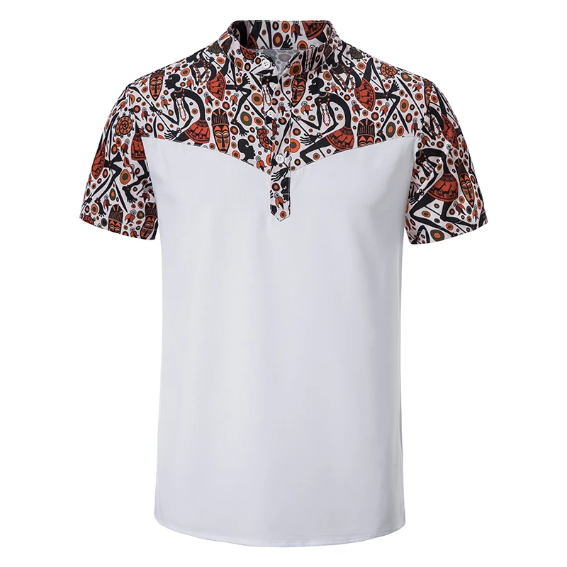 

2022 Men's African Print Patchwork Design Short Sleeve Button Shirt Stand Collar Daxi Shirt Youth Fashion Casual Tops