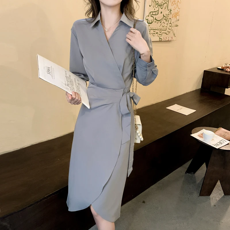 

Женское однотонное платье миди с длинным рукавом, весенне-осеннее винтажное Повседневное платье-рубашка в Корейском стиле, элегантное обле...