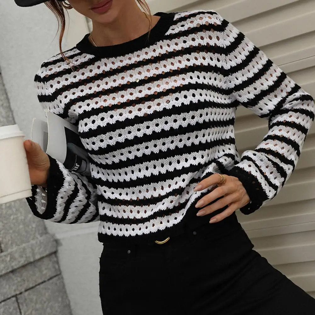 

Knitted Sweater O-Neck Hollow Out Long Sleeve Striped Splicing Color Women Knitwear Sweater Top Streetwear