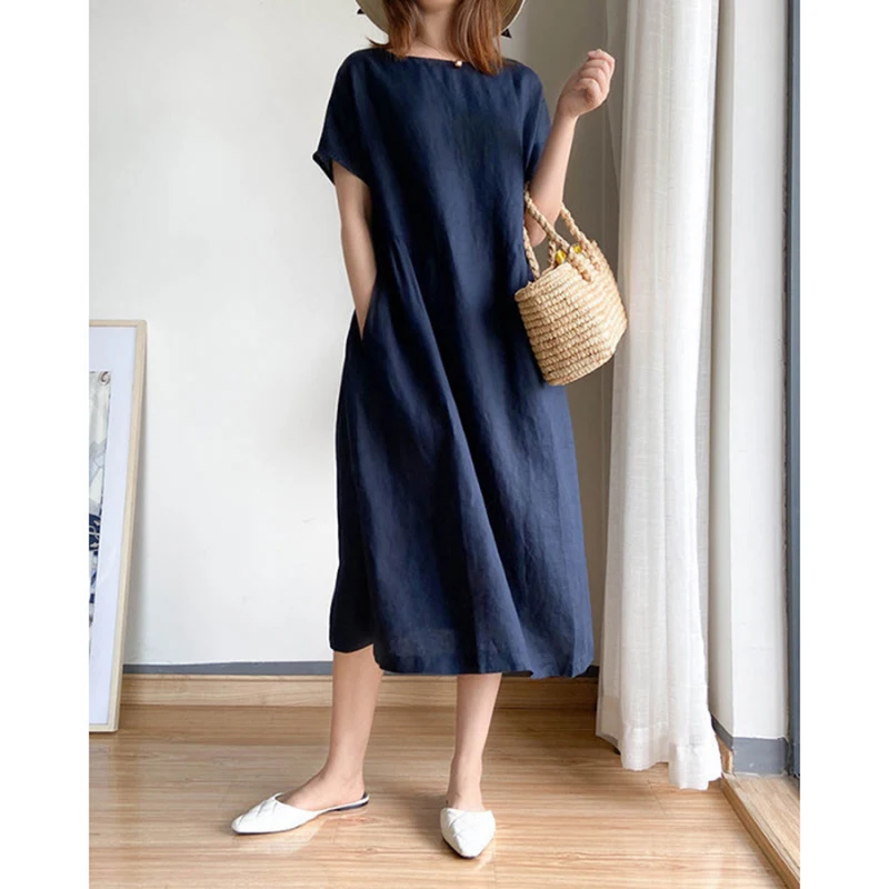 

Solid Cotton Linen Baggy Dress Summer Women Vestidos Korean Art White Black Pink Blue Basic Casual Party Alina MIDI Dresses 2022