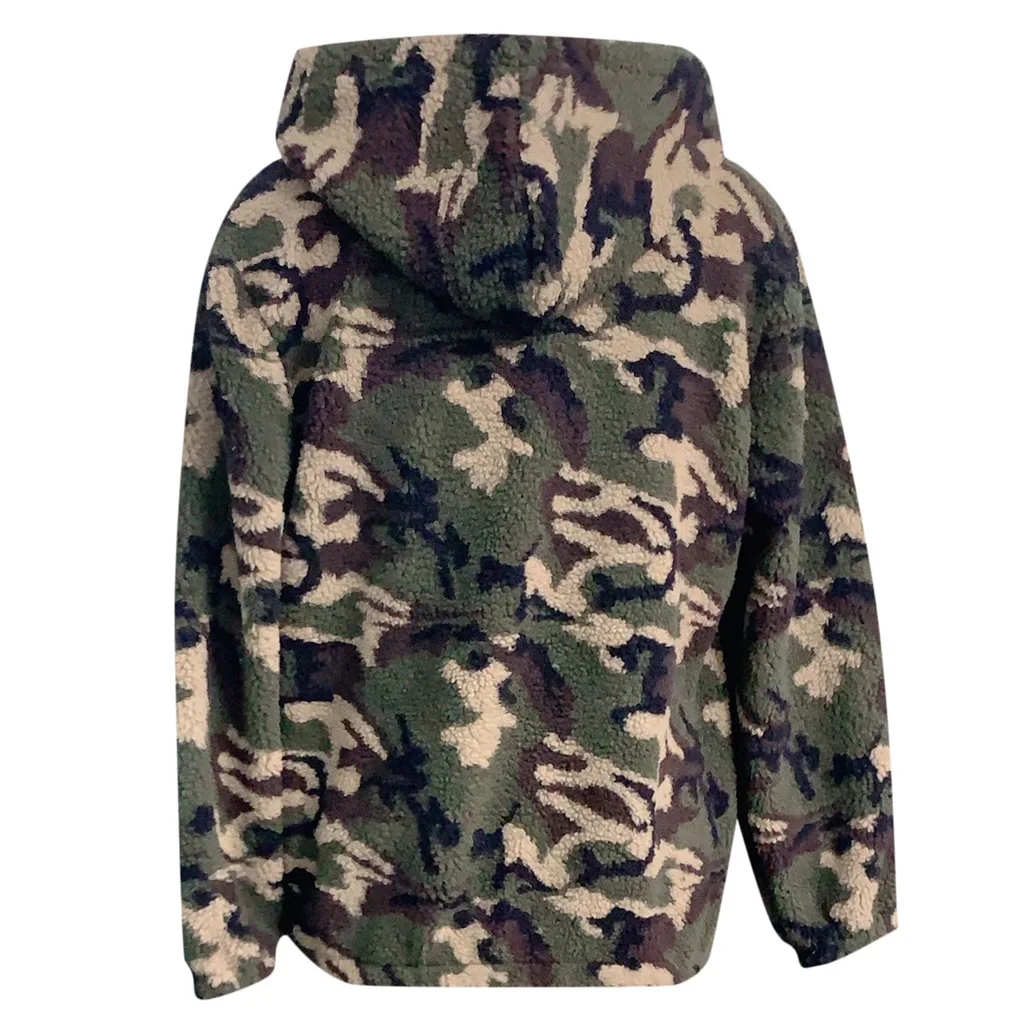 2022 Autumn and Winter New Women's Casual Fashion Camouflage Hooded Drawstring Plush Sweater Zipper Jacket Women