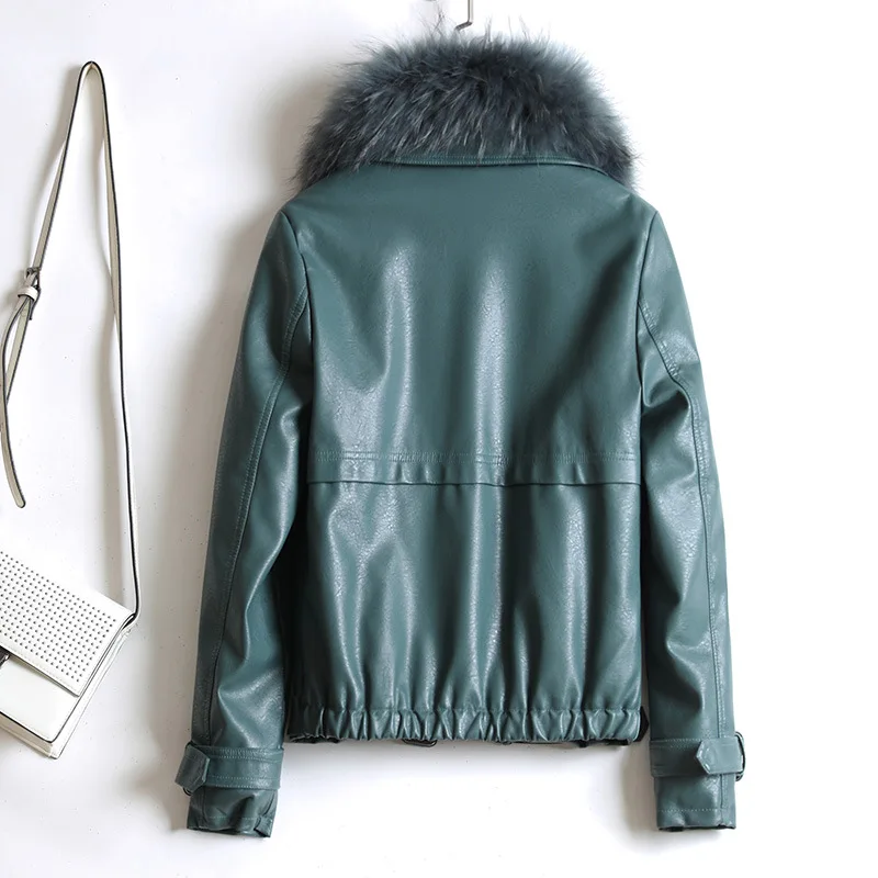 KoHuiJoo Leather Jacket With Real Fur Collar Fashion 2022 Autumn Winter Korean Short Slim Warm Pu Leather Coats for Large Women enlarge