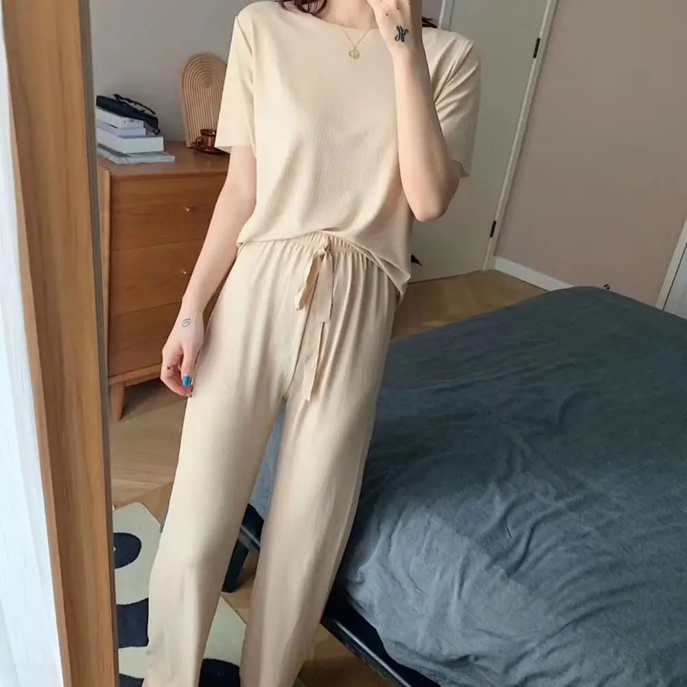 

2Pcs/Set Casual Outfit O-neck Women Loungewear Women Ice Silk T-shirt Pants Loungewear Set