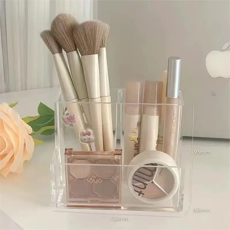 

Transparent three grid makeup box Make up brush bucket cosmetic organizer Student desk pen container storage box