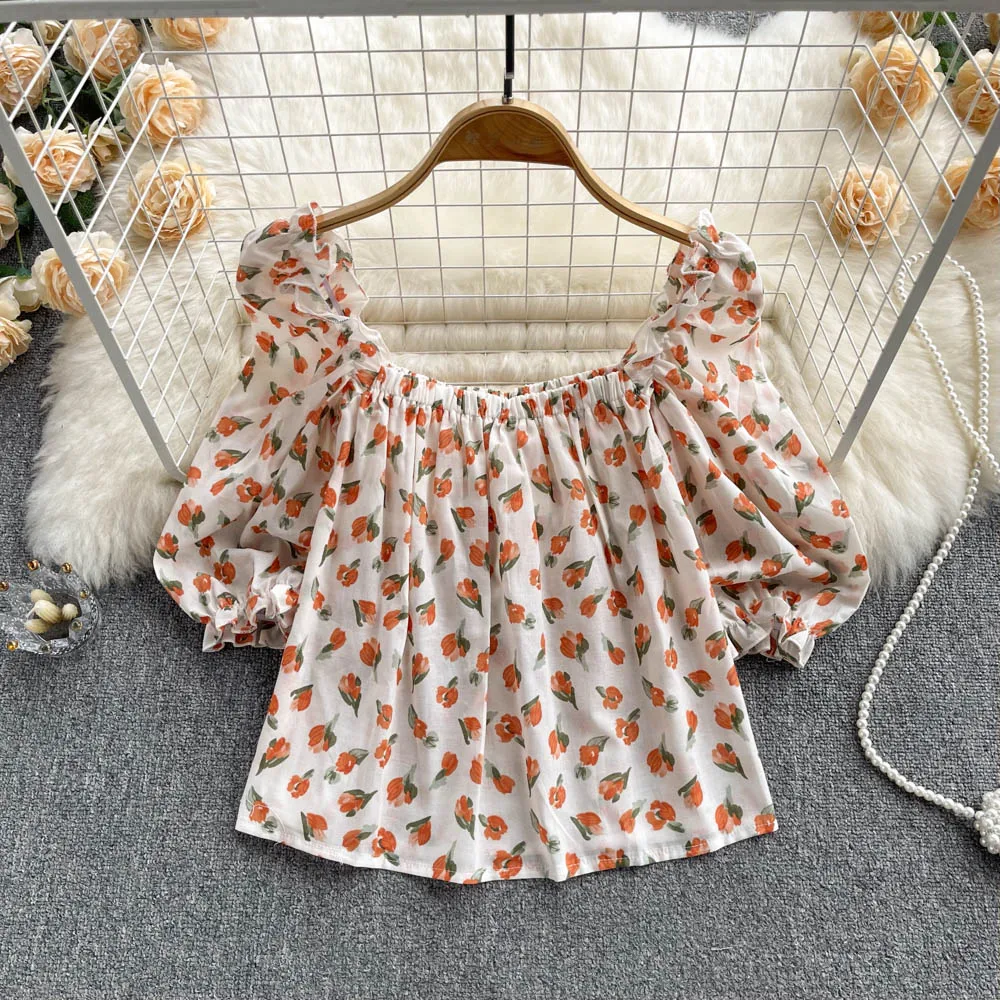 

Summer New Loose and Thin Printed Bubble Short-sleeved Square Collar One-shoulder Floral Top Women's Niche French Shirt