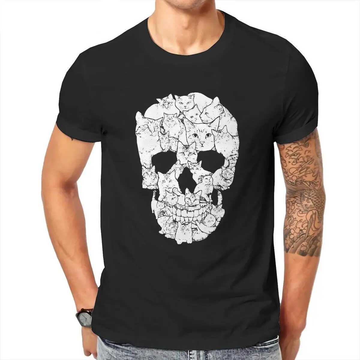 Men T-Shirts Cat Skull  Vintage Cotton Tee Shirt Short Sleeve Horror Halloween T Shirts O Neck Clothes Gift