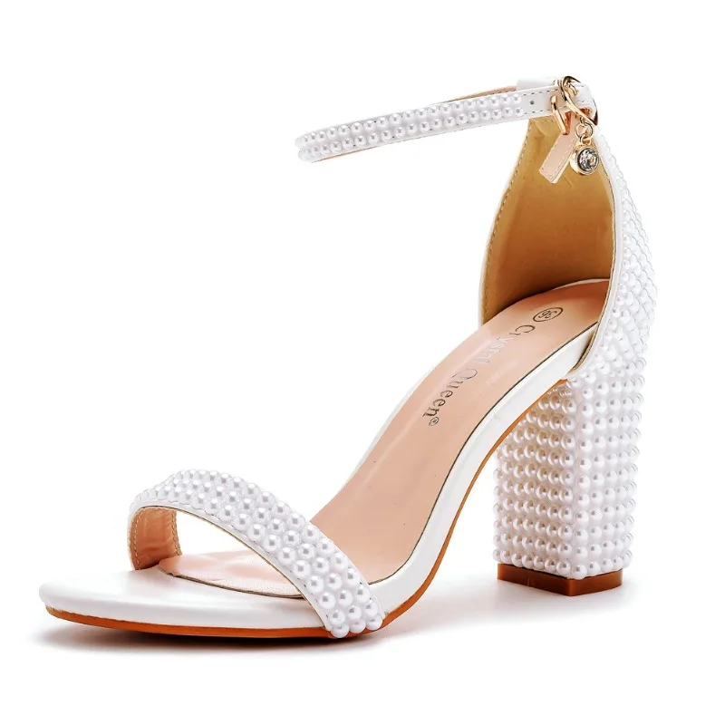 

Summer High-heeled Women's Sandals String Bead PU 9CM Square Heel Buckle Strap Bridal Wedding Women's Shoes White Party Prom