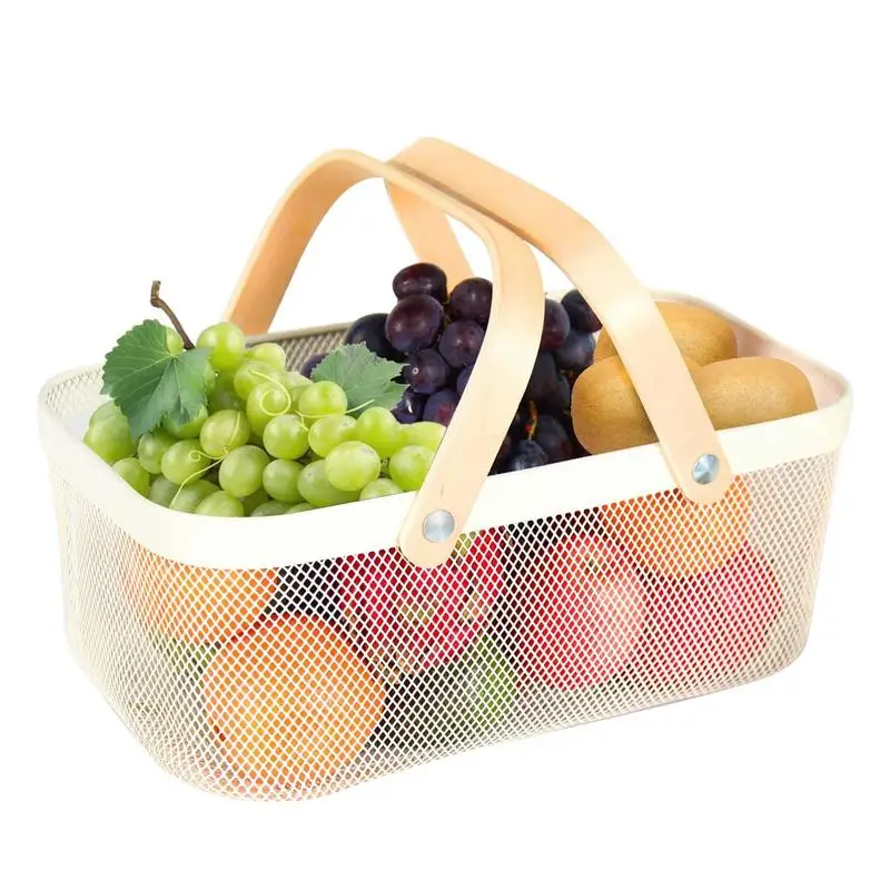 

Metal Mesh Steel Basket Household Wire Mesh Storage Bin With Wooden Handle 15.74x9.84x6.7inch Rectangle Vegetable Basket Fruit