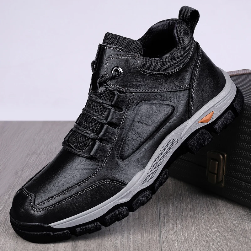 

Winter Men's Boots Outdoor Hiking Boots Leather Thick Soled Safety Boots Lace Up Outdoor Travel Shoes Plush Fur Fashion Boots