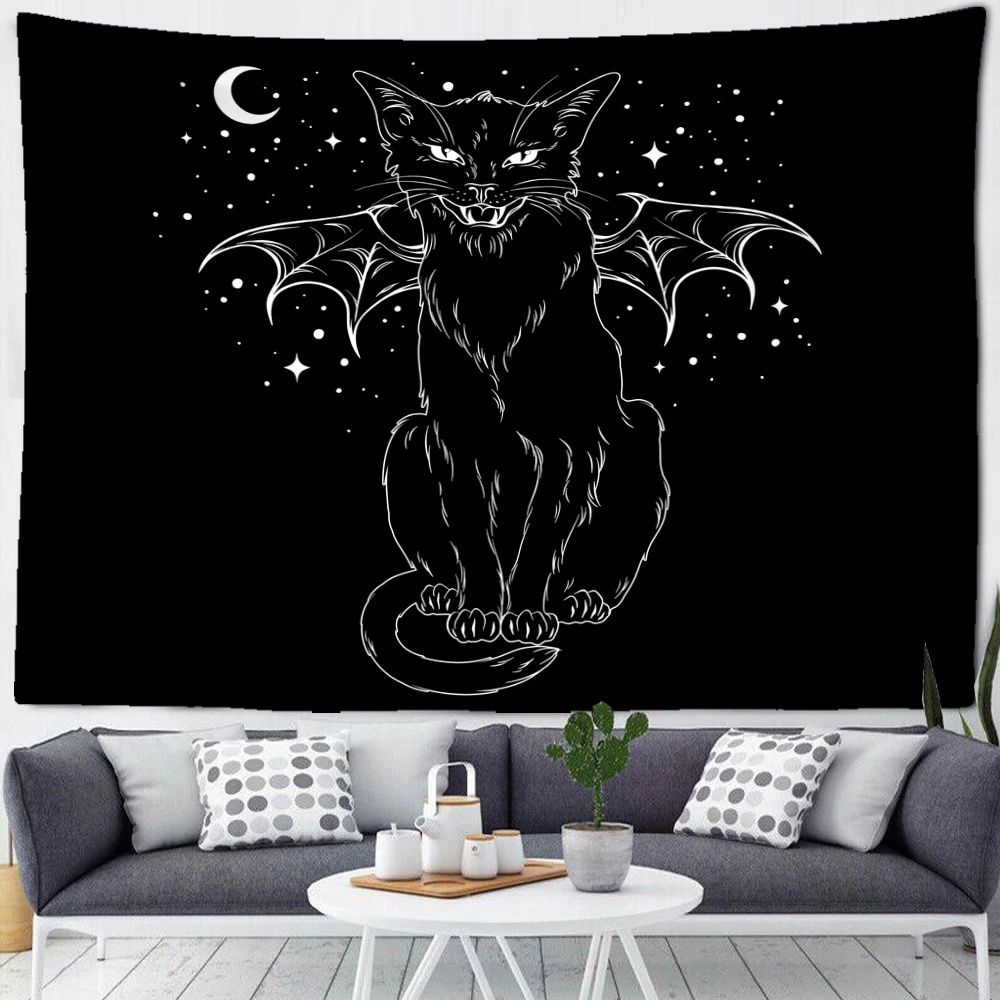 

Black cat psychedelic boho wall hanging witchcraft tapestry home decor background beach towel