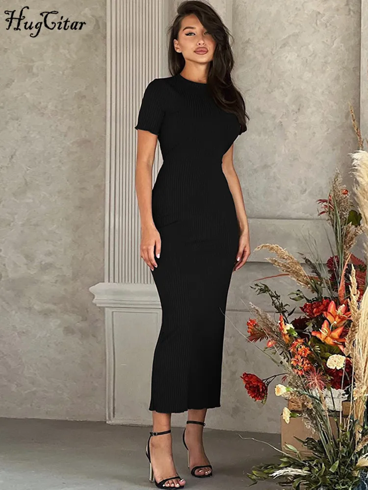 Платье-Макси женское однотонное с круглым вырезом и коротким рукавом