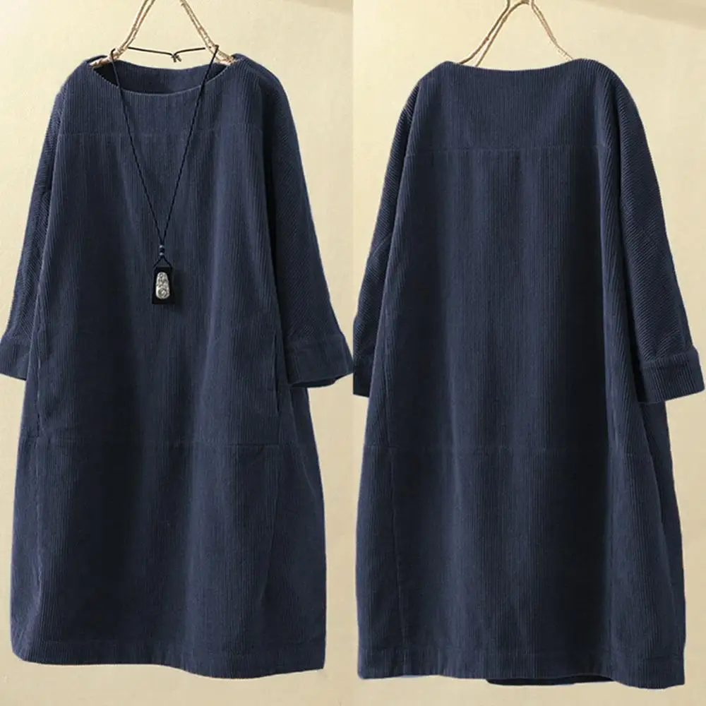 

Long Sleeve Women Dress Dress O Neck Midi Dress Solid Color Loose Corduroy Pockets Plus Size Midi Dress