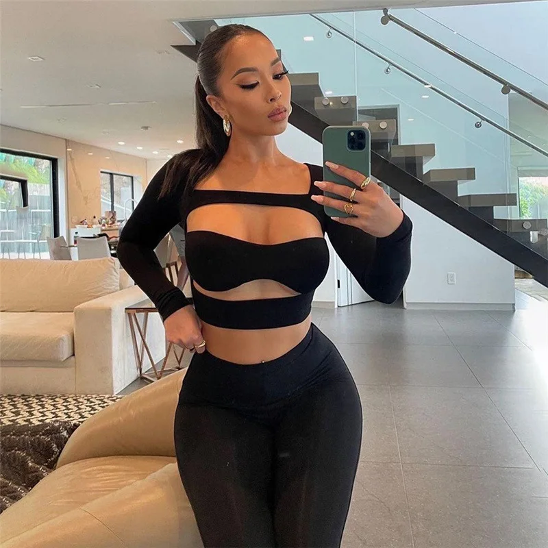 

FTS Sexy of Two Fashion Pieces For Women Long Sleeve Hollow Top Suit High Waist Slim Fit Tight Black Pants Sport Female Clothing