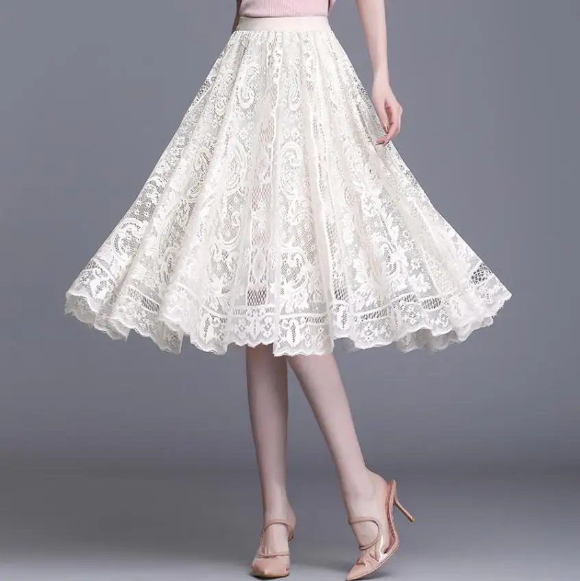 

Женские Плиссированные кружевные юбки, ажурные пикантные эластичные трапециевидные длинные юбки черного/абрикосового цветов, сетчатые юб...