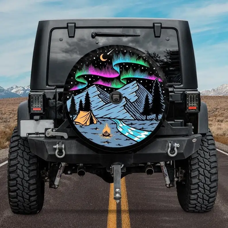 

Spare Tire Cover with Night Mountain Camping and Aurora Borealis design, Mountains Jeep Tire Cover with camera hole, Gift for a