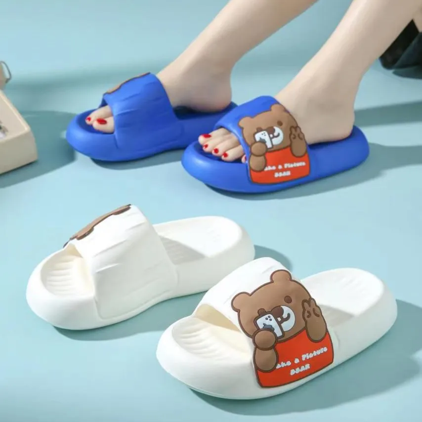 Women Cartoon Bear Decor Single Band EVA Slippers Multi-color Platform Beach Slides Home Badroom New Soft Comfy Klein Blue Shoes