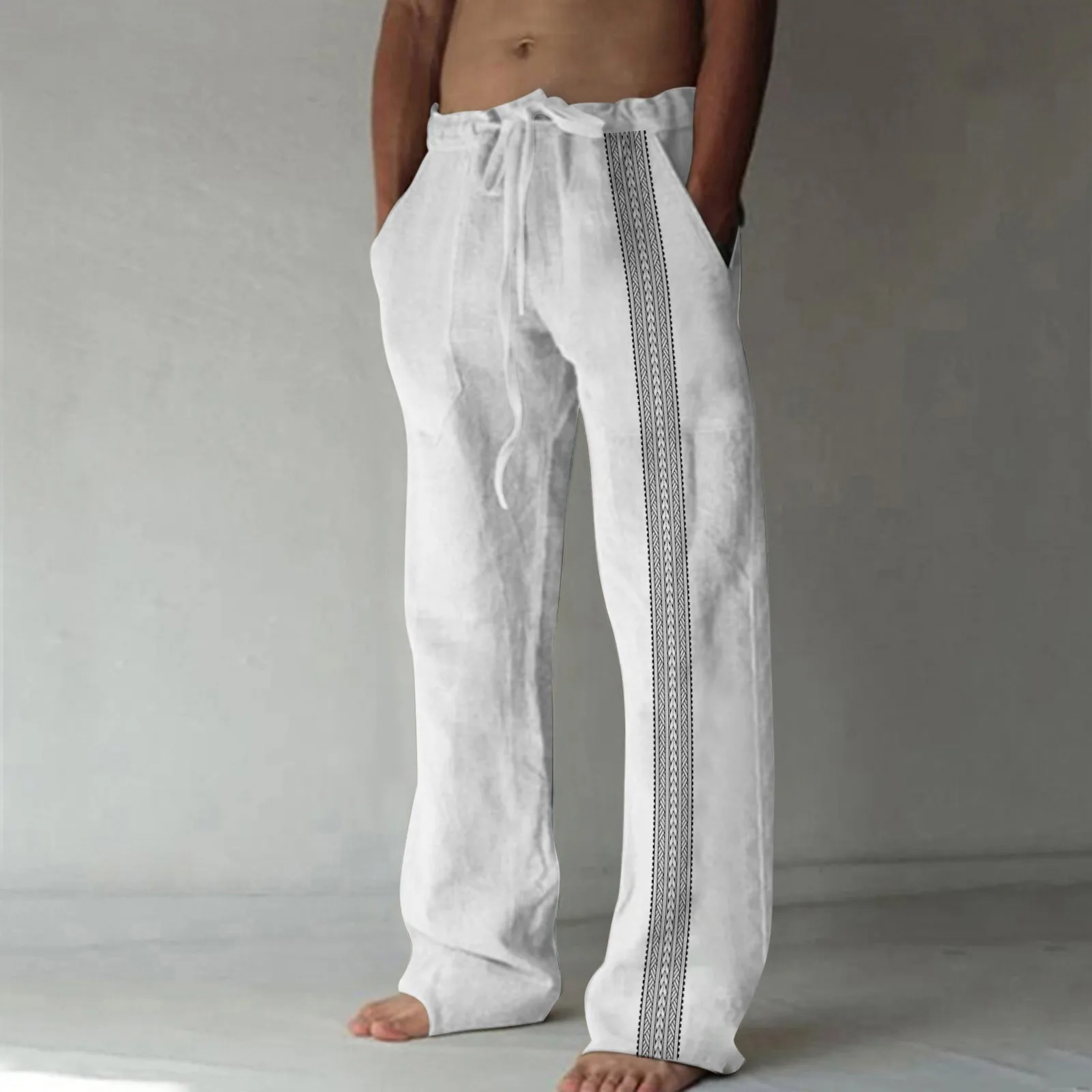 

Men Imitation Cotton Linen Pants Irregular Print Sweatpants Casual Jogger Male Plus Size Loose Wide Leg Pants Men Trousers 2023
