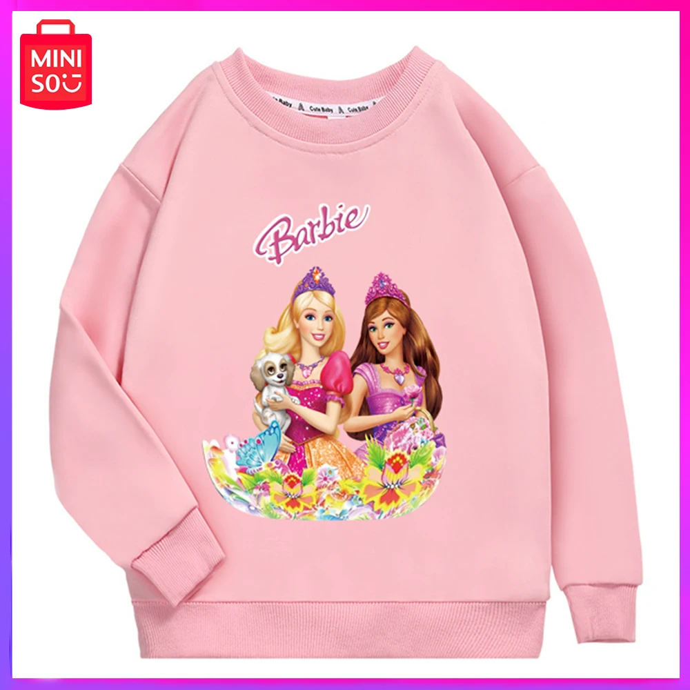 

2023 Miniso Barbie New Spring Autumn Children Cartoon Printing Fashion Casual Pure Cotton Hoodie Pink Kawaii Christmas Girl Gift