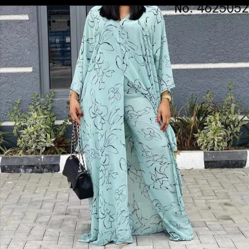 

Африканская одежда для женщин, осень 2022, африканская Женская одежда с принтом, комплекты из двух предметов, платье и брюки, Африканский кост...