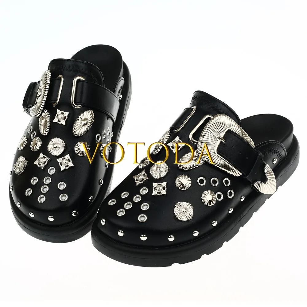 

Мюли женские с заклепками, кожаные кроссовки в стиле панк, повседневная обувь для вечеринок, креативная металлическая фурнитура, тапочки дл...