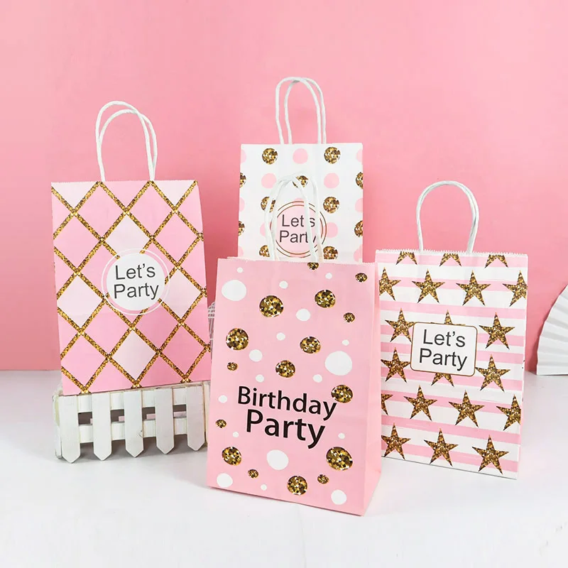 

5pcs Striped Star Design Kraft Paper Gift Bag With Handle Birthday Party Packaging Bags Wedding Party Decor Baby Shower Supplies