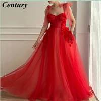 new red tulle prow gown a line prom dresses long adjust ties straps 3d flowers beading bride dress floor length evening gowns