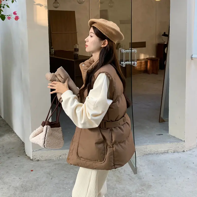 

Autumn Winter New Stand Collar Belt Warm Vest Women Slim Waist Cotton Waistcoat Solid Color Parka Fashion Ultralight Coat Female