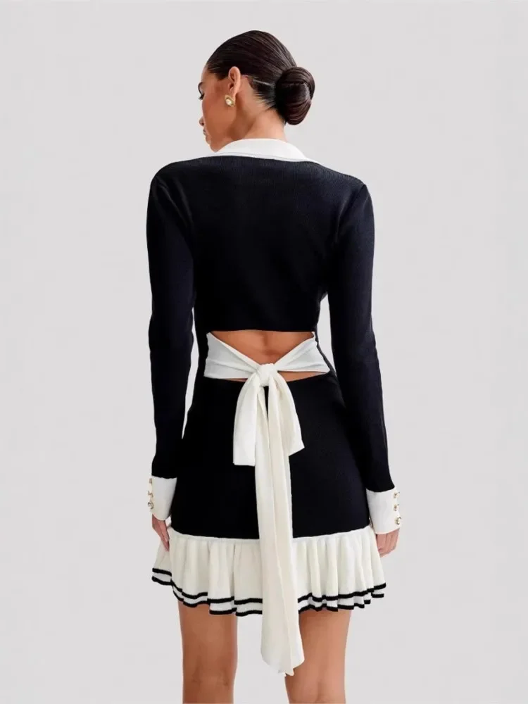 Вязаные мини-платья с рюшами и бантом женский летний контрастный кардиган