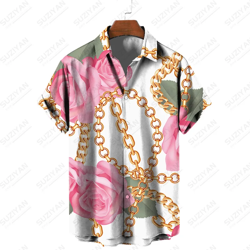 

Мужская рубашка с воротником-стойкой, розовая или белая рубашка с цветочным принтом, на пуговицах