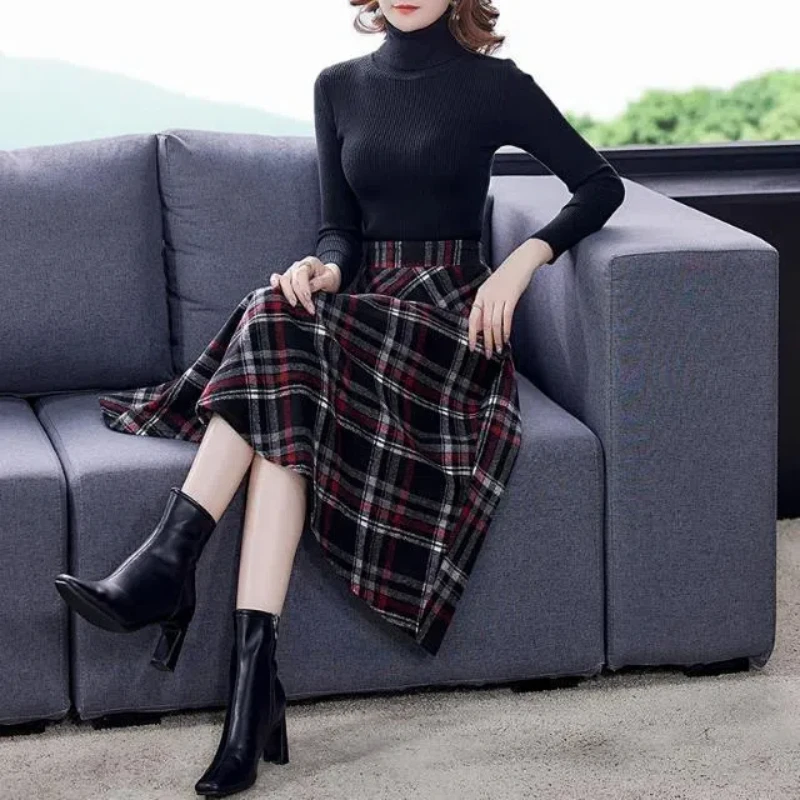 Молодой стиль зимняя новая мода корейская клетчатая флокированная юбка