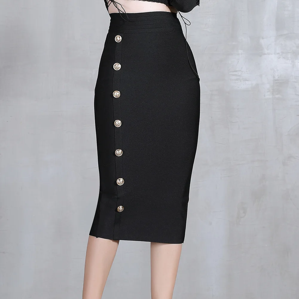 

2023 Summer Elegant Midi Pencil Skirt High Waist Bandgae Skirt Black Elastic Bandage Skirts Button Women Clothes