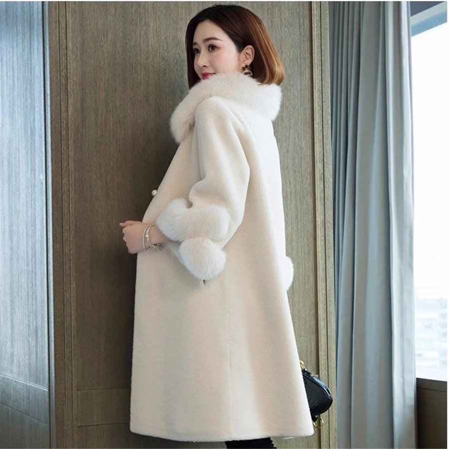 Mid-length Winter Faux Collar Fleece Fur Coat Women Plush Warm Thick Overcoat Lawbwool Outwear Korean Street Windbreaker Jacket