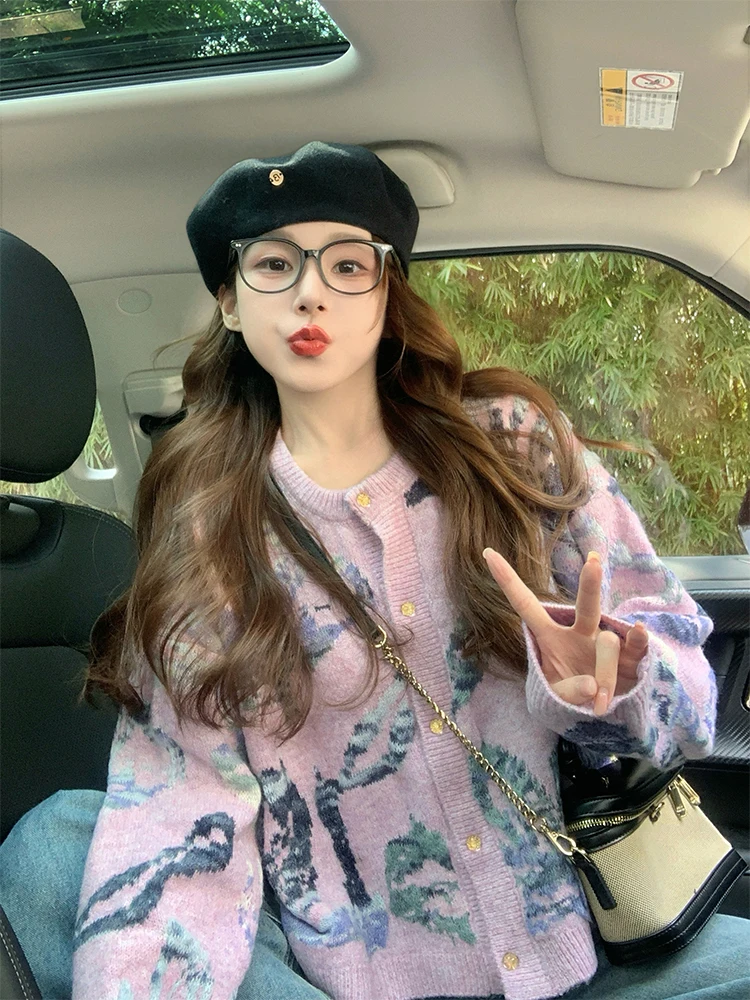 Жаккардовый вязаный свитер в стиле ретро женский кардиган новинка 2024 осень и